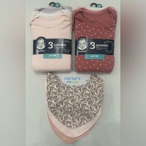 3 Pc. Baby Girl Bundle: 2-3 piece Onesie sets 6-9 Mths and 1- 3 piece bib set